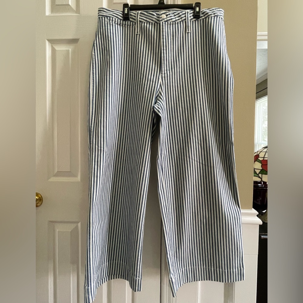 Madewell Blue and White Striped Wide Leg Cropped Twill Pants